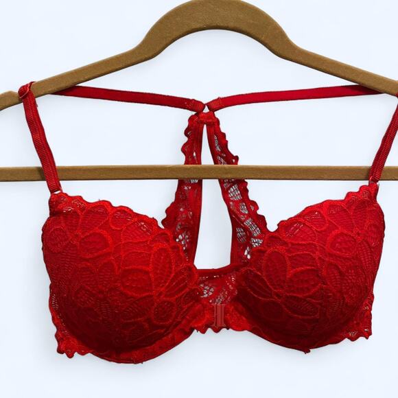 NWOT Pink Victoria's secret red lace balconette padded bra and clasp in front - Picture 1 of 6